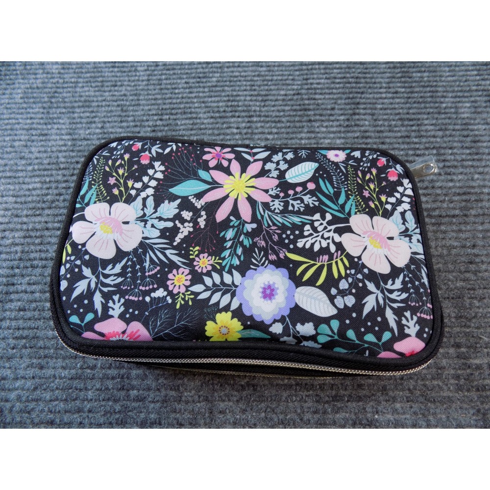 Floral Jewelry Travel Organizer Case Double Layer Storage Bag Black Botanical